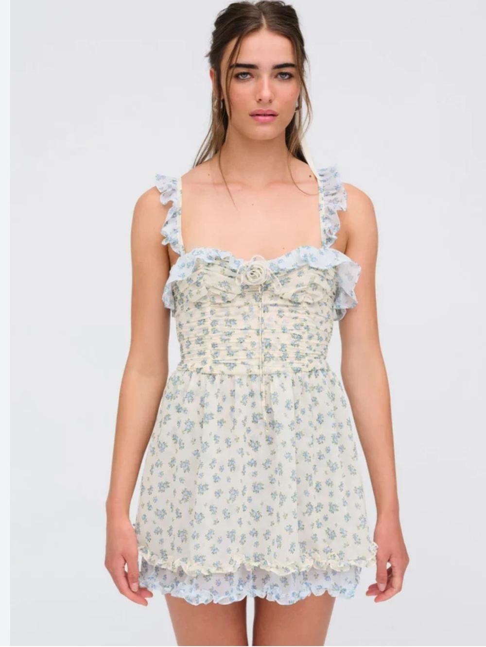 For Love And Lemons Mini Dress in Cream with Blue Floral